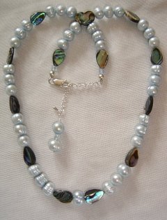 Abalone shell teardrops with blue freshwater pearl necklace by Nico Beads 